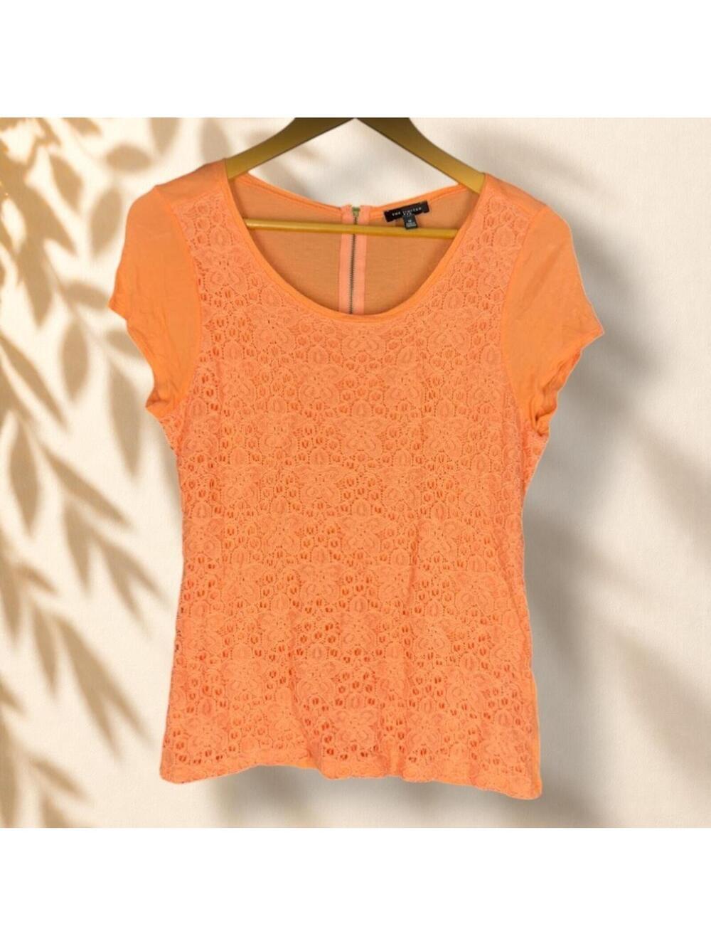 The Limited T-Shirt Women M Medium Orange Floral Crochet Zipper Cotton Lined